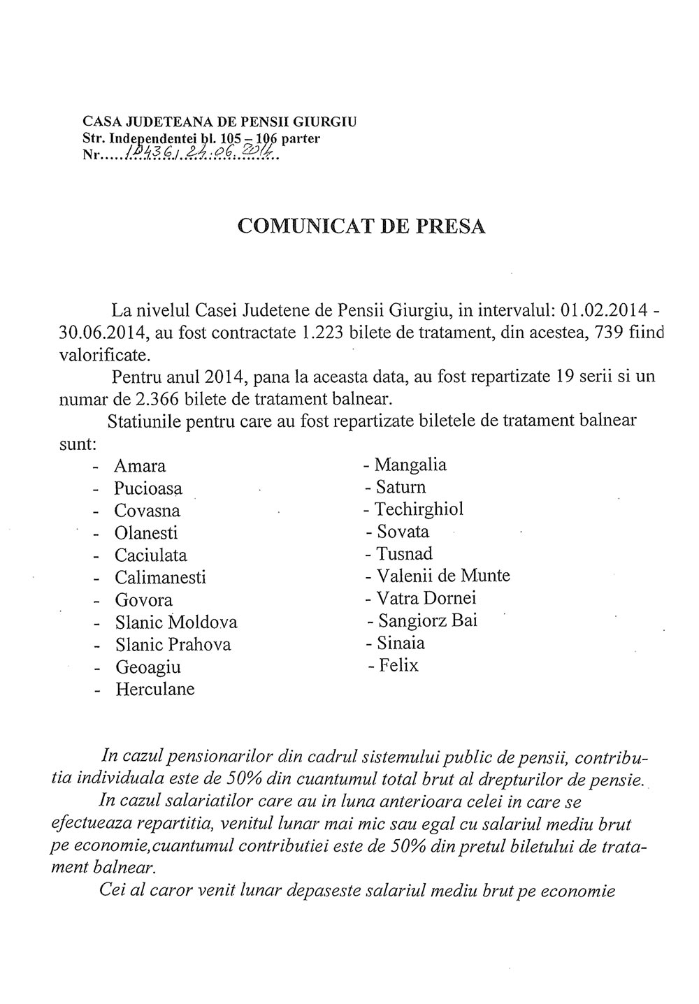 COMUNICAT DE PRESA - Repartizare bilete de tratament balnear (01.02-30.06.2014)